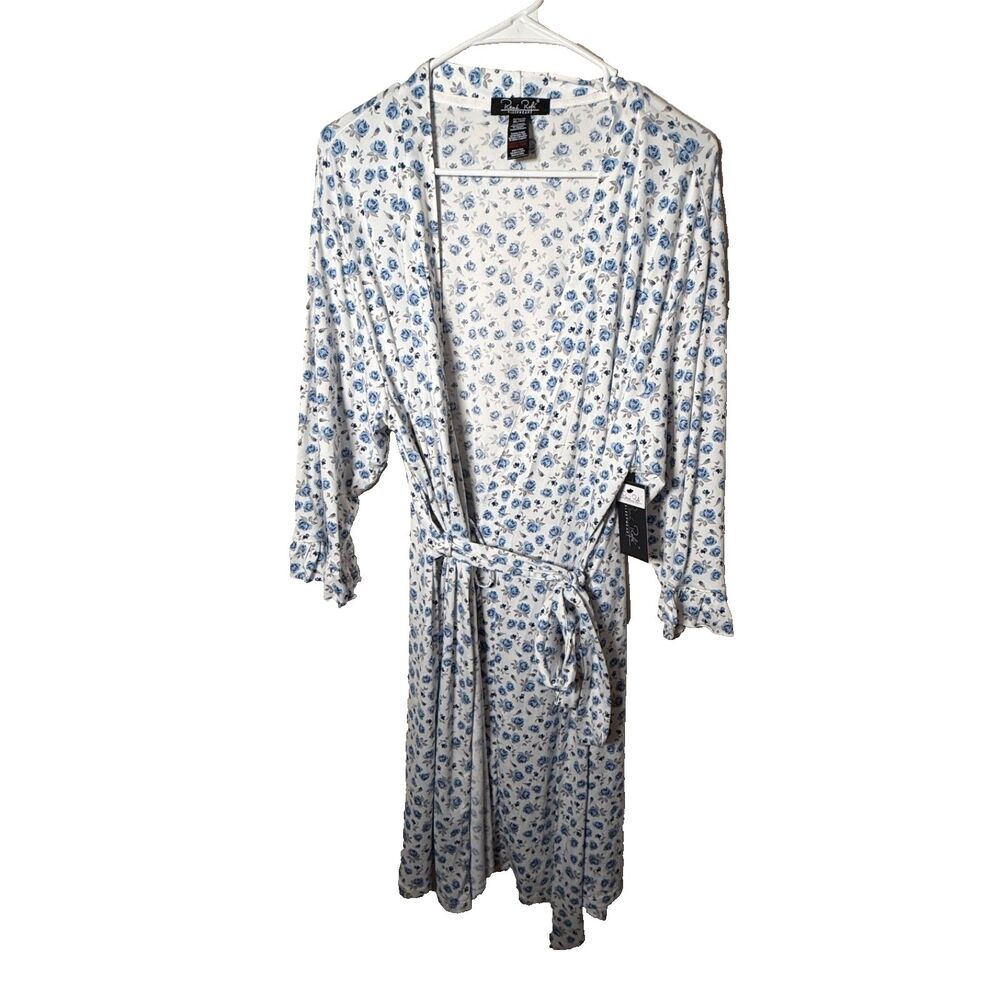 Rene Rofe Robe Women's XL Blue Floral Open 3/4 Sleeve Sleep Lounge Tie